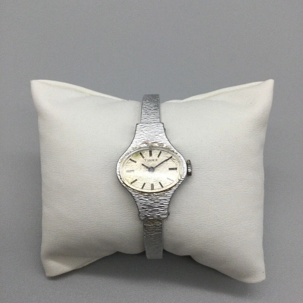 Vintage Timex Womens Watch 22mm Silver Tone Oval Dial Bangle Manual Wind